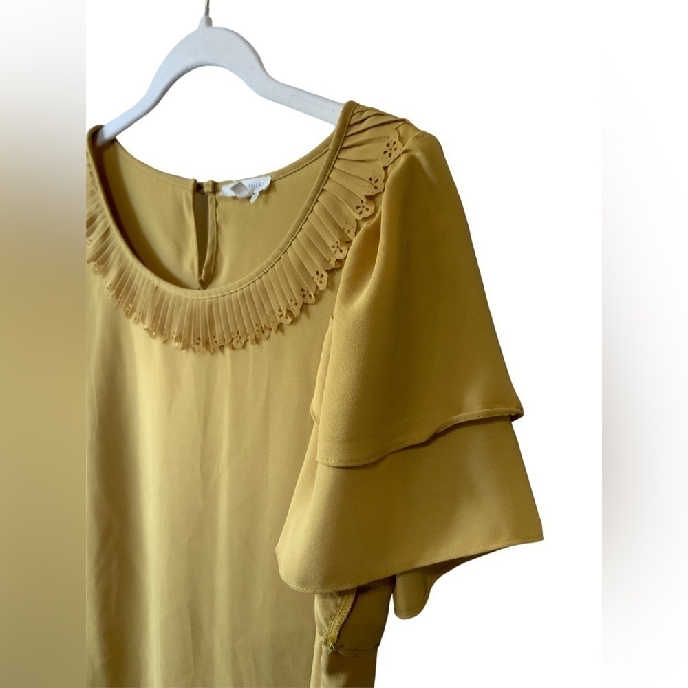 Under Skies Mustard Yellow Blouse Laser Cut Detail Collar Layered Flowy Sleeves - Picture 2 of 6
